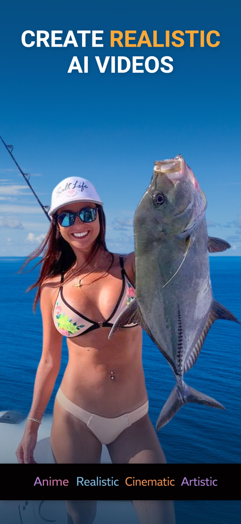 AI Video Generator: Create AI - Una mujer sosteniendo un gran pez en un bote demostrando la generación de video IA realista.