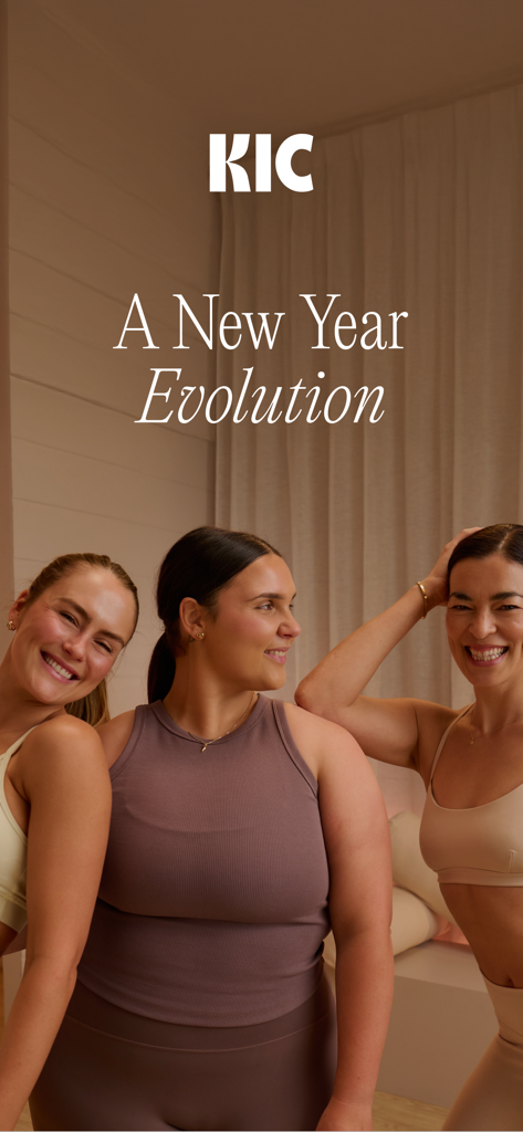 Three diverse smiling women in athletic wear for the KIC Wellness app