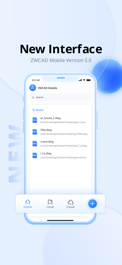 ZWCAD Mobile - Mobile CAD - ZWCAD Mobile Version 5インターフェースにDWG図面のリストが表示されています
