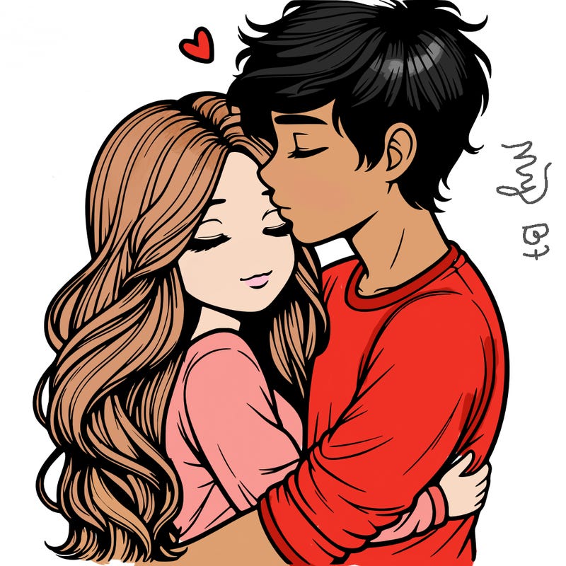 a realistic couple boy and girl hugging and kissing