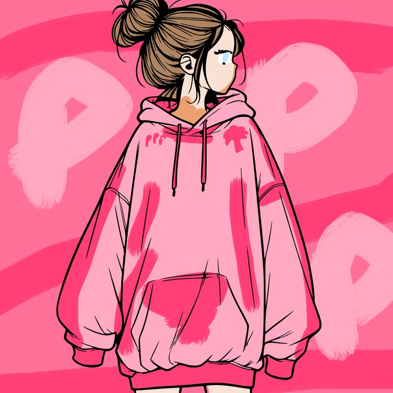 realistic girl with a oversized sweatshirt on and a bun