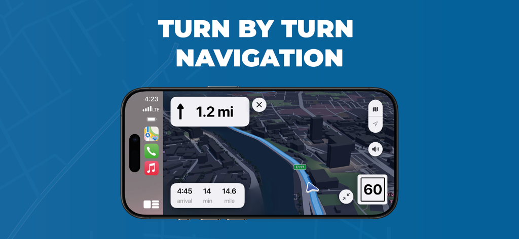 Smartphone displaying turn by turn navigation with a 3D map and speed limit indicator