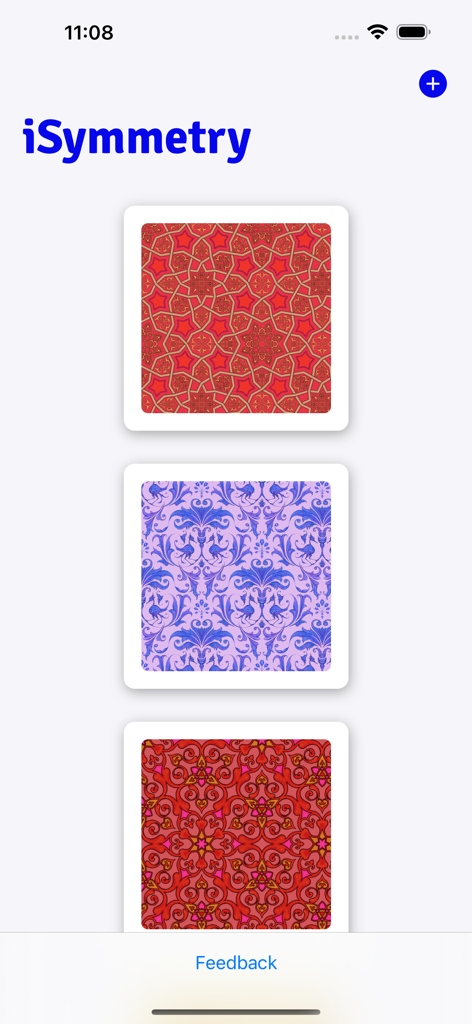 iSymmetry - Pattern Painting - Eine Galerieansicht in der iSymmetry-App, die drei verschiedene farbenfrohe nahtlose Musterdesigns zeigt.