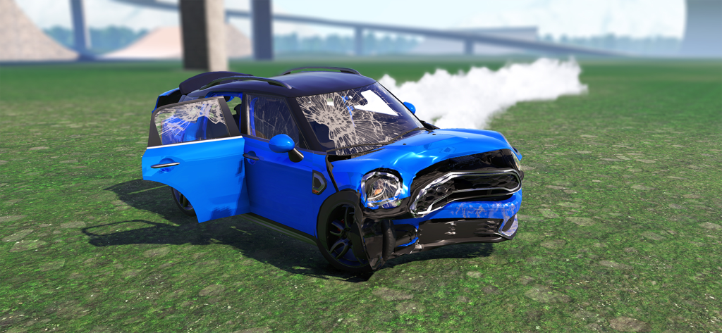 Smashed blue car with realistic body damage and shattered windshield in WDAMAGE simulator