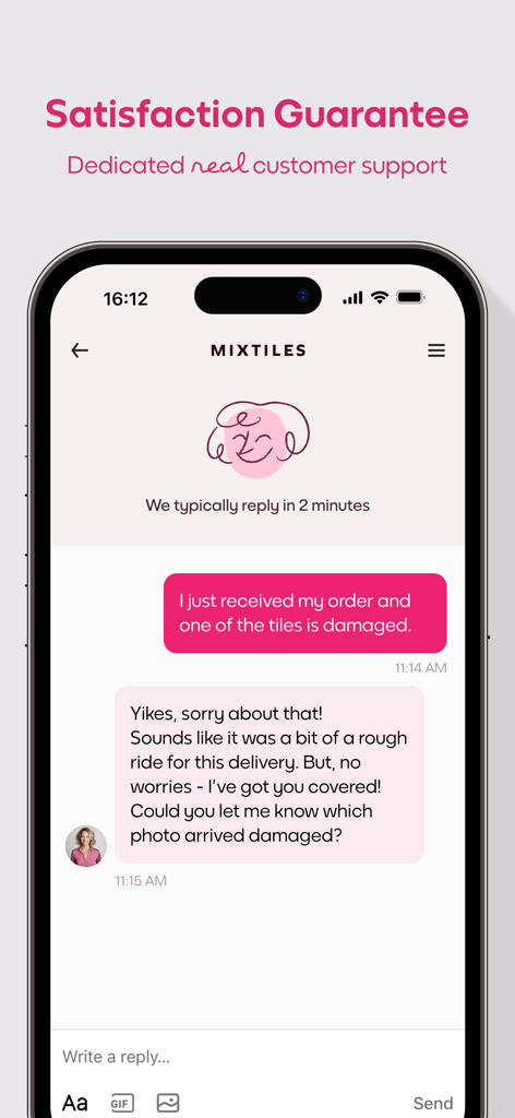 Mixtiles · Tiles & Photo Books - Mixtiles app interface showing a real-time customer support chat with a fast response time for a satisfaction guarantee.