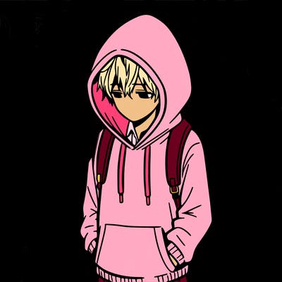 a manga boy with hood down walking through a crowd sad