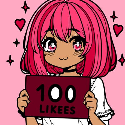 anima girl holding a 100 likes sign in her hand