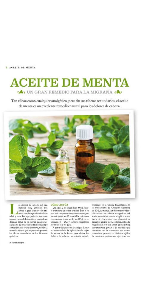 Artículo de revista digital en español sobre los beneficios del aceite de menta para aliviar migrañas