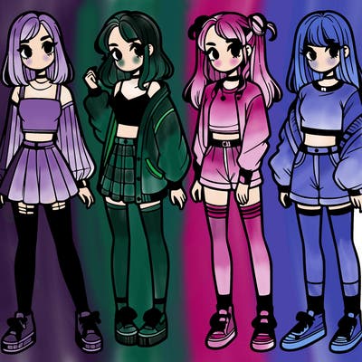 one girl with crop-top shirt and a jacket with a skirt, long socks and another girl with a shirt and pants with a jacket
