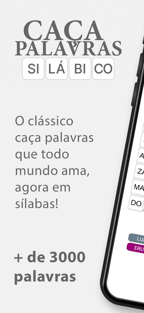 Caça-Palavras Silábico - Tela promocional do jogo de caça-palavras silábico em português Caca-Palavras Silabico com mais de 3000 palavras
