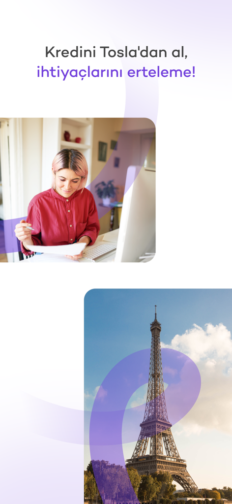Promotional screen for Tosla app offering loans for travel and personal needs featuring a young woman and the Eiffel Tower