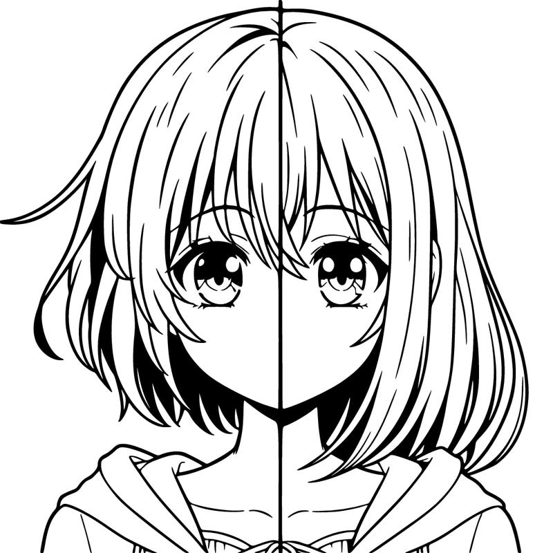 anime girl split one side has short hair and the other has long hair