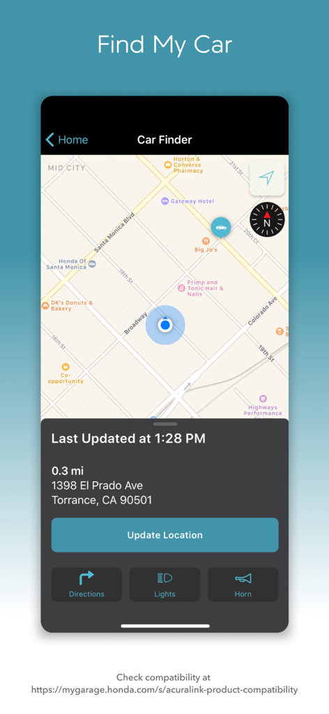 AcuraLink - AcuraLinkアプリのスクリーンショット。マイカー検索マップインターフェースを表示