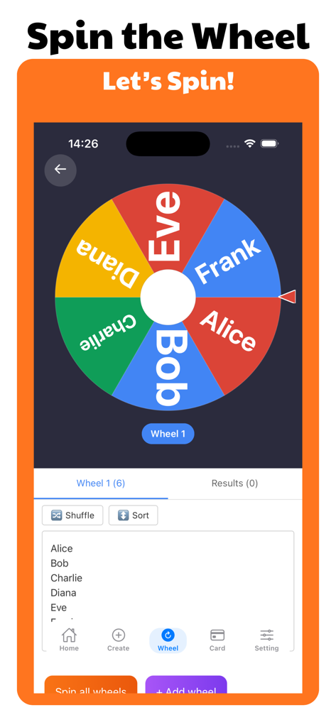 Mobile app interface showing a colorful spinning wheel with names for random selection
