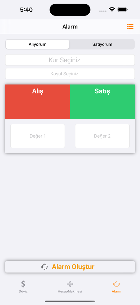 Ahlatci Piyasalar mobile app interface for setting currency exchange rate alerts