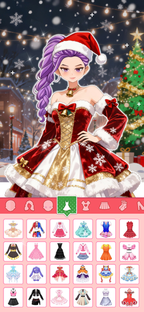 Idol Livestream: Doll Dress Up - Poupée anime habillée dans une tenue de Noël rouge et or avec un bonnet de Père Noël et un fond festif