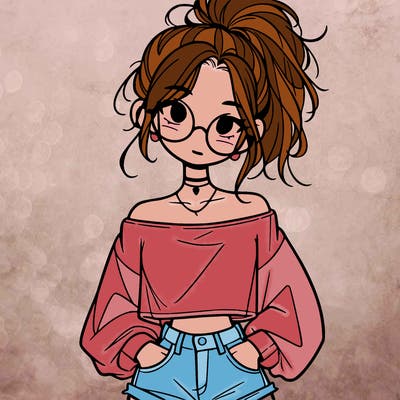 girl with a messy ponytail glasses a baggy crop top and jean shorts