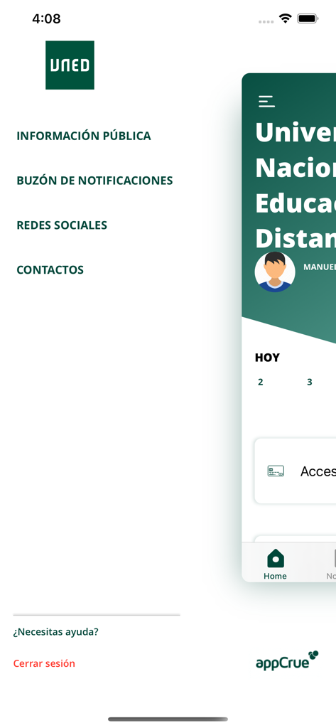 Menú de navegación y panel del estudiante en la aplicación móvil UNED