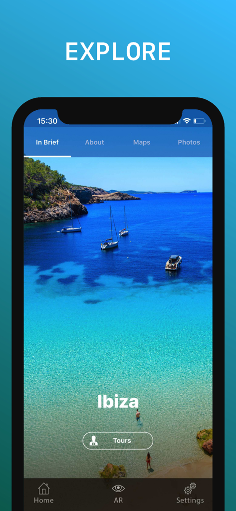 Ibiza Travel Guide. - Explore screen of the Ibiza Travel Guide app featuring a turquoise coastal bay with boats