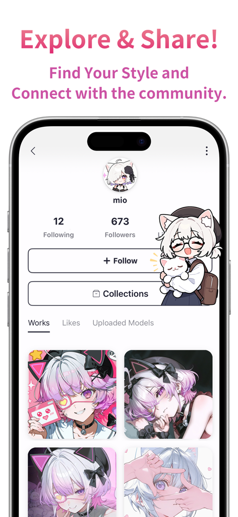 PixAI app interface showing a user profile with anime art gallery and social followers