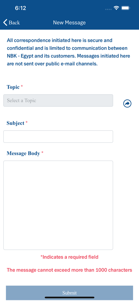 Secure message contact form in the NBK International Mobile app
