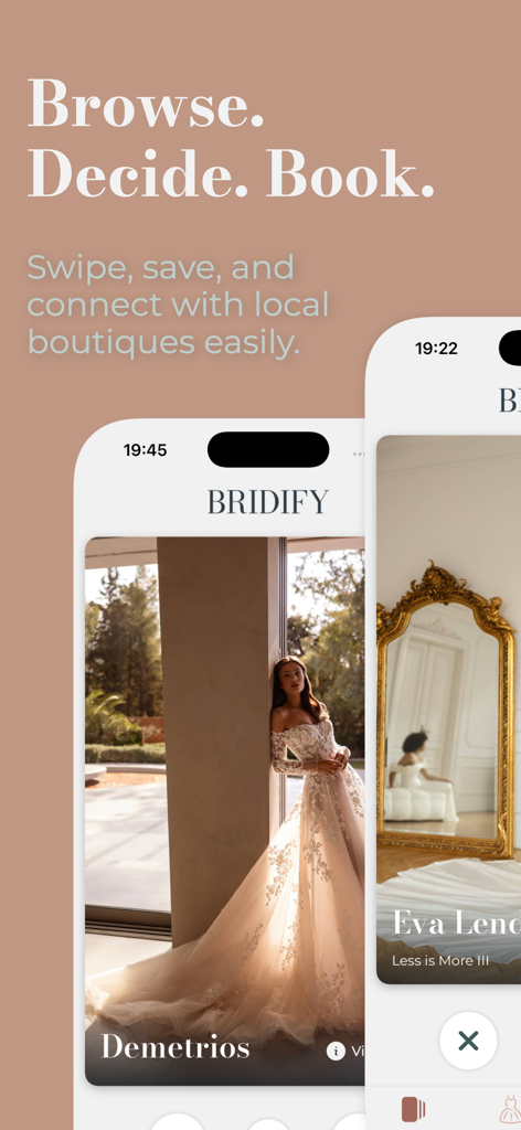Captura de pantalla de la aplicación Bridify para buscar vestidos de novia y conectar con boutiques locales.