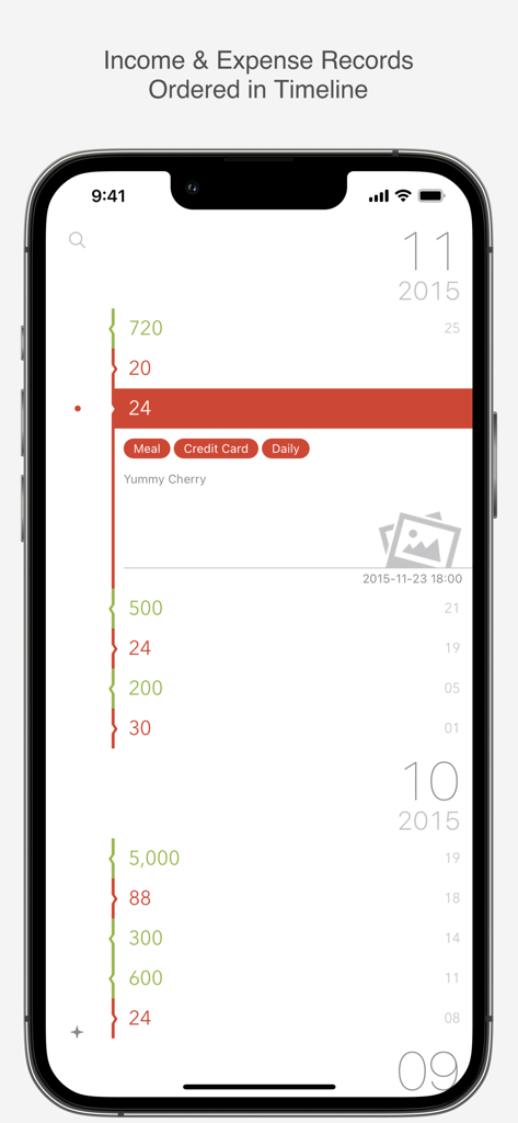 YeNom - Minimalist vertical timeline of income and expense records in the YeNom app