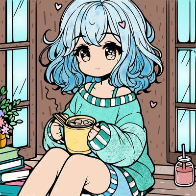 cute anime girl reading book and drinking hot chocolate from mug with loose wavy hair wearing a baggy sweatshirt and shorts sitting by windowsill looking out