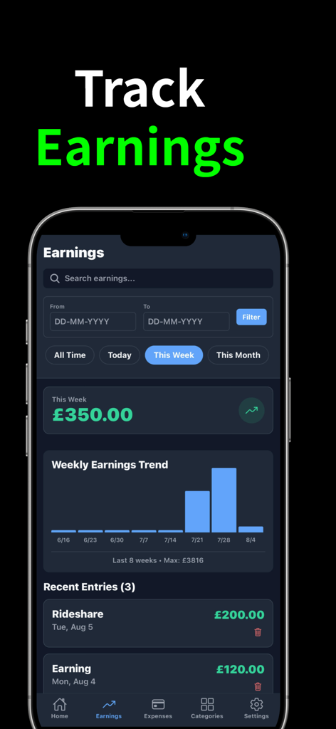 Taxi Log - Taxi Log app earnings dashboard showing weekly income trend chart and recent rideshare entries