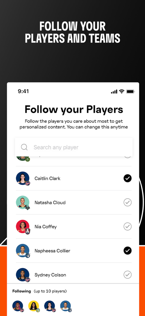 WNBA: Live Games & Scores - A screen in the WNBA app showing a list of players like Caitlin Clark and Natasha Cloud to follow for personalized updates
