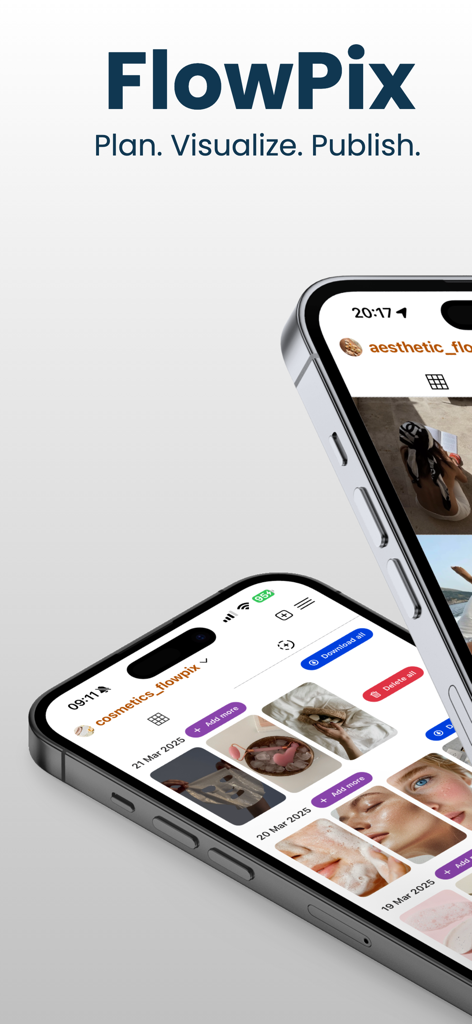 FlowPix Instagram Feed Preview - Two iPhones displaying the FlowPix app interface for Instagram grid planning and content visualization