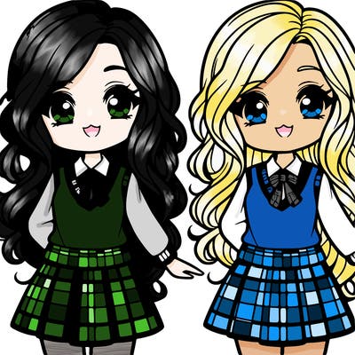 cute, pretty teenage girl wearing a uniform with a plaid skirt and long wavy hair big pretty eyes and button nose and smiling