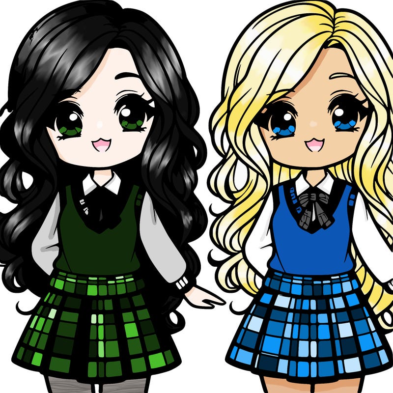 cute, pretty teenage girl wearing a uniform with a plaid skirt and long wavy hair big pretty eyes and button nose and smiling