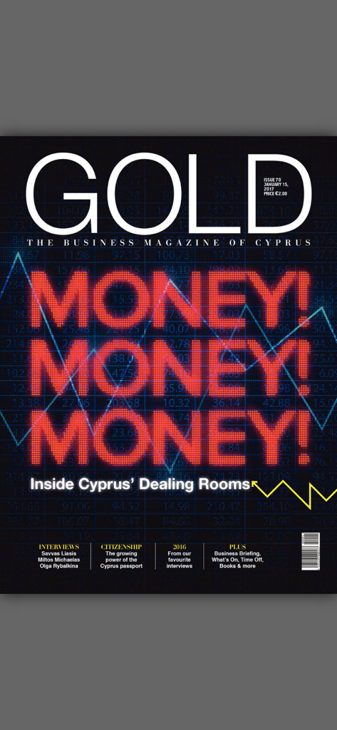 Gold Magazine - Front cover of Gold Magazine titled Money Money Money featuring news about Cyprus business and dealing rooms
