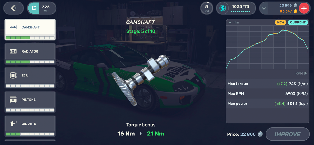 Menú de afinación de motor de coche mostrando mejoras de árbol de levas y gráfico de rendimiento en Drag Racing 3D Streets 2