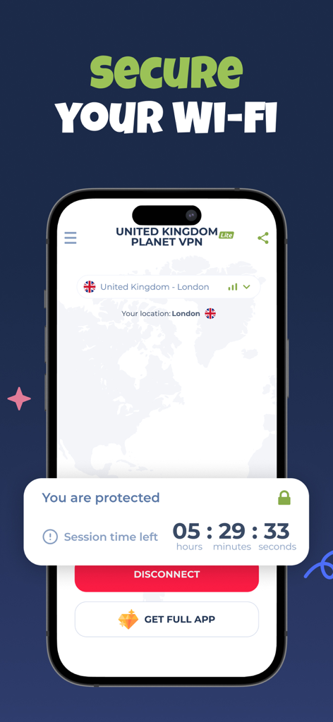 UK VPN - Private & Secure - Smartphone che mostra l'interfaccia dell'app UK VPN con una connessione sicura a un server di Londra e un timer di sessione.