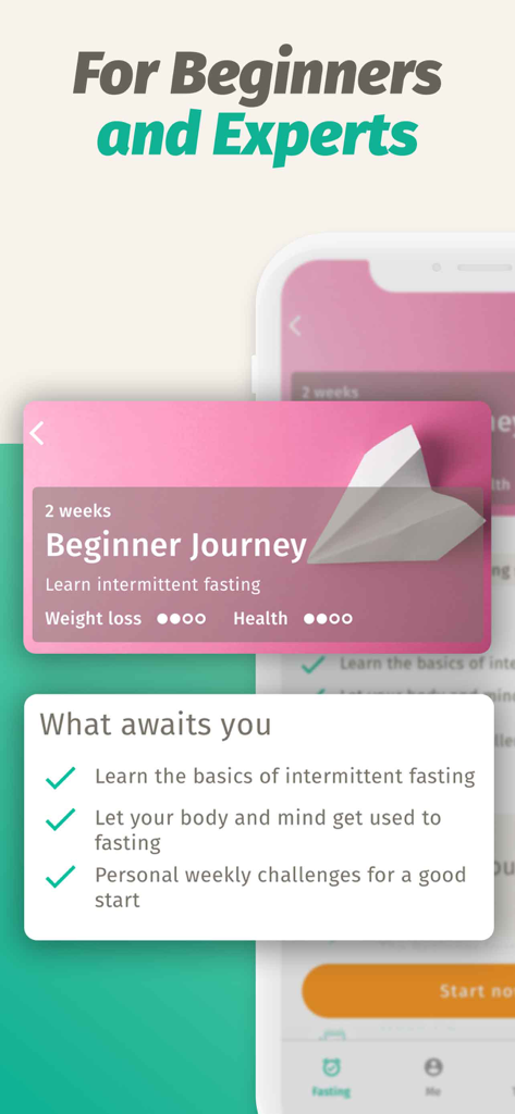 BodyFast app screenshot showing the beginner journey for intermittent fasting with goals and weekly challenges