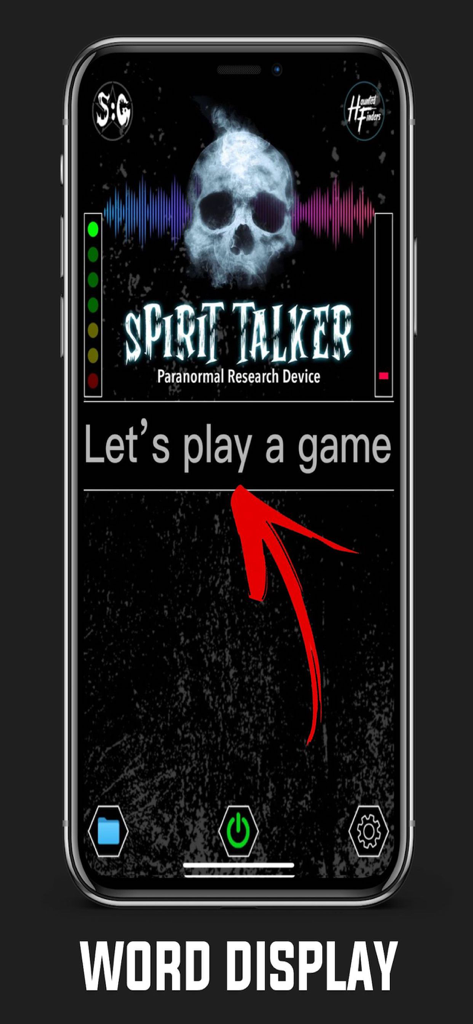 Spirit Talker app interface showing a detected phrase on the word display screen during a paranormal investigation