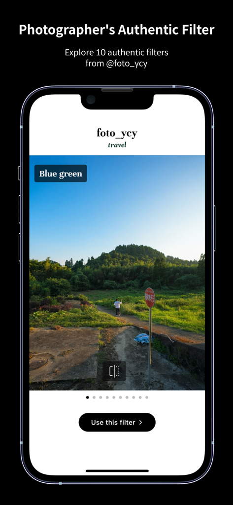 Mobile app interface of FilmN foto_ycy: Travel showing a landscape photo with a blue green filter effect applied.