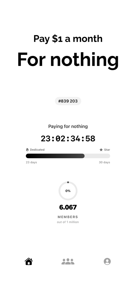 One Again - Pay for nothing - User dashboard of One Again app showing a unique member number and a countdown timer for the monthly subscription