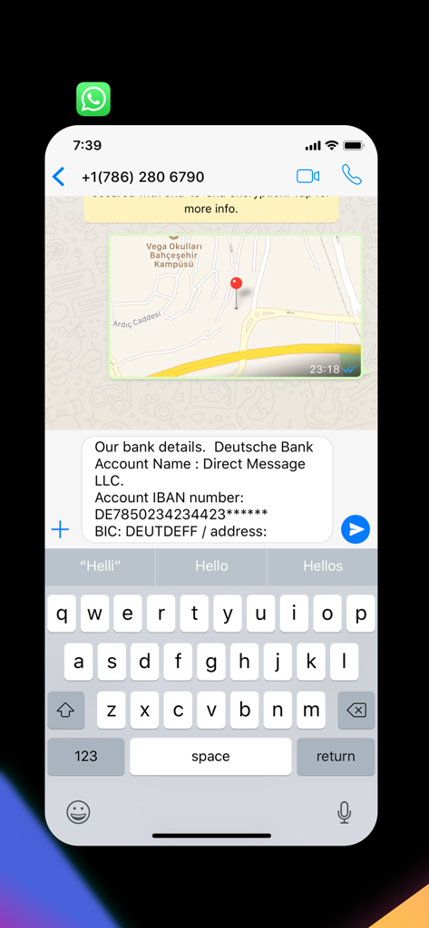 Direct Message for WhatsApp - A business message with bank details and a map location being sent to an unsaved contact on WhatsApp.