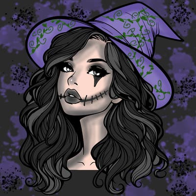 realistic witch girl with wavy hair and lips