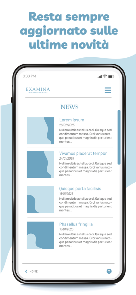 My Examina - Oberfläche der My Examina App, die den Nachrichtenbereich mit medizinischen Artikeln und Gesundheits-Updates anzeigt
