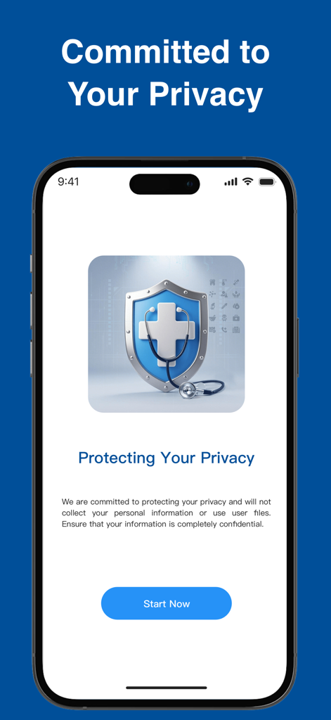 Med AI Doctor Assistant - 医療用シールドと聴診器のアイコンを備えた「プライバシー保護への取り組み」というタイトルのモバイルアプリ画面。