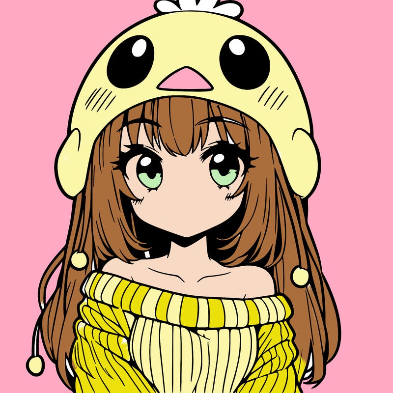 anime girl with chick shaped hat with sweater with bare shoulders with bangs covering them one eye with low tail