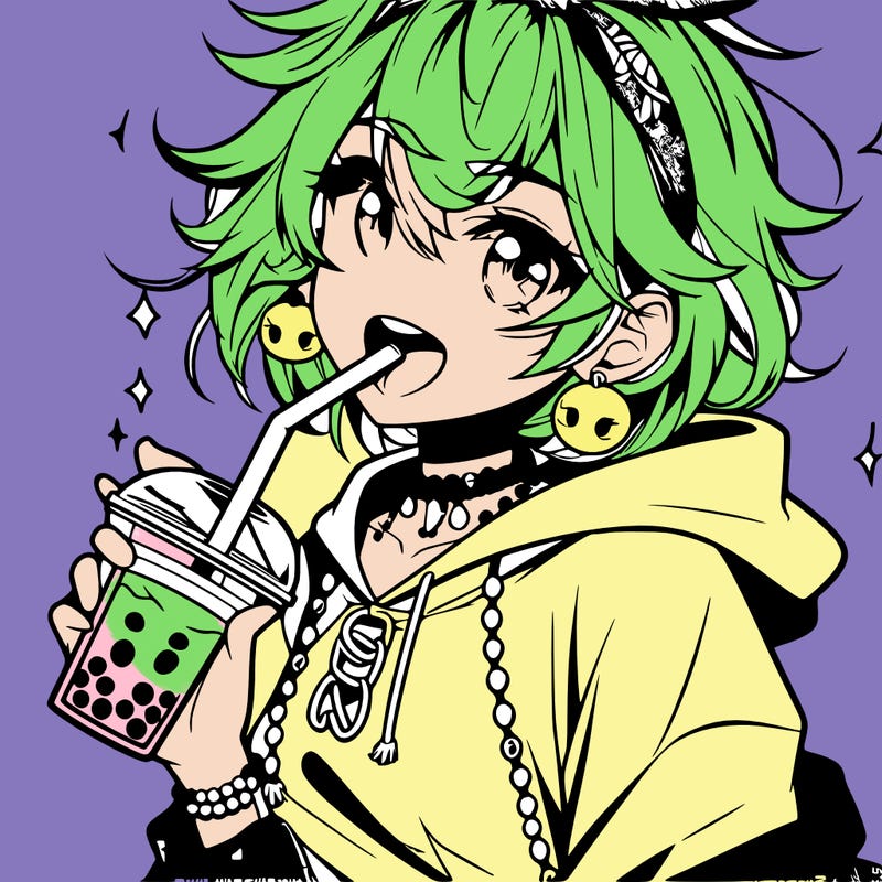 hot baddie anime girl drinking boba and biting the straw