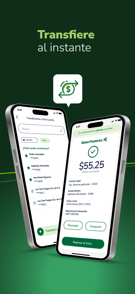 Promerica SV - Promerica SV app interface for instant money transfers showing a successful transaction summary
