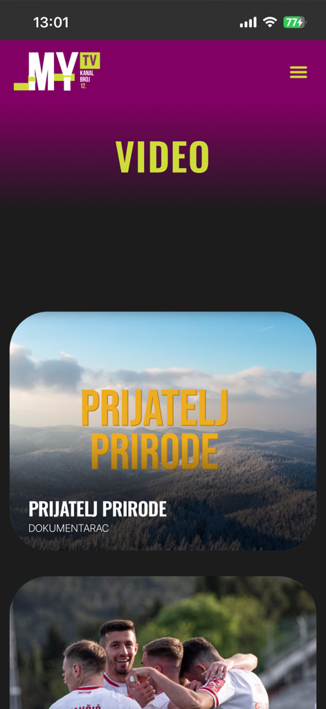 MY MEDIA - Interfaz de la aplicación MY MEDIA mostrando la categoría de video con un documental sobre la naturaleza y contenido deportivo.