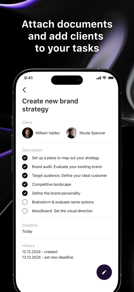 Task management screen showing a brand strategy project with a subtask checklist and assigned clients.