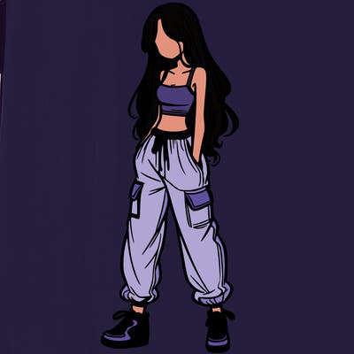 girl in baggy pants crop top and long hair